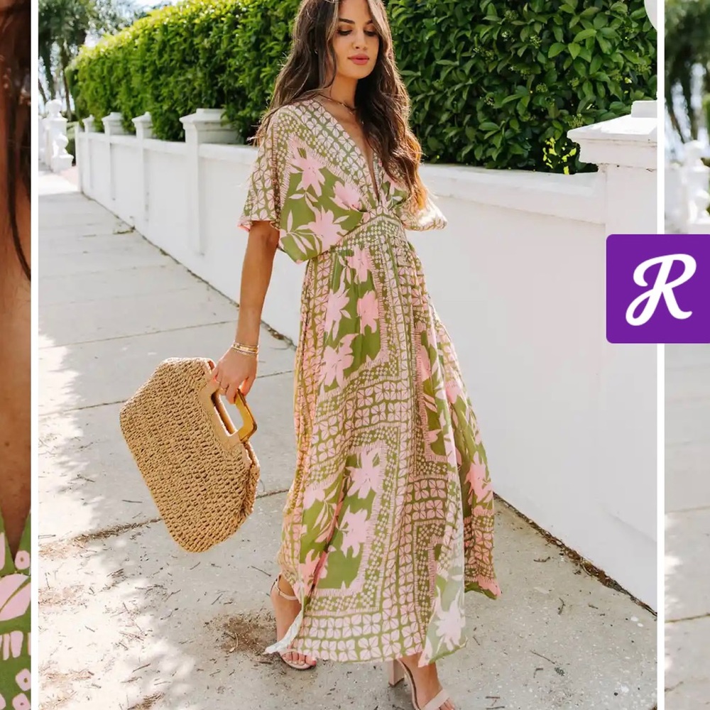 Vici Olive Green & Pink Floral V-Neck Midi Dress